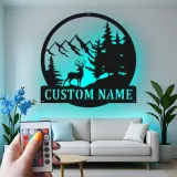 Custom Deer Mountain Scene Led Light Metal Wall Art Personalized Nature Lover Gift Cabin Decor