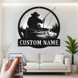 Insegna in metallo personalizzata per pescatore | Arte murale luminosa LED | Arredo pesca con nome su misura per casa al lago e pescatori