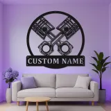 Panneau LED en métal de pistons croisés personnalisés | Décor de garage personnalisé | Idée cadeau pour mécanicien | Art mural automobile éclairé