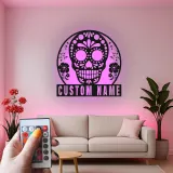 Personalized Sugar Skull Metal Sign | Custom Calavera LED Wall Art | Day of the Dead Decor | Gothic Floral Home Gift