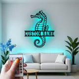 Panneau Métal LED Hippocampe Personnalisé | Décoration Murale Nautique Personnalisée | Décor Maison Côtière & Cadeau pour Amoureux de l'Océan