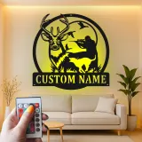 Custom Deer Hunting LED Metal Sign | Personalized Hunter & Dog Wall Art | Rustic Cabin Decor | Unique Gift for Outdoorsman