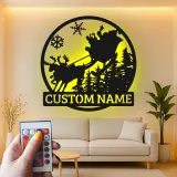 Cartel de metal personalizado de trineo de Santa | Arte mural navideño LED | Decoración navideña personalizada para el hogar | Silueta de reno con nombre