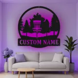 Insegna in metallo personalizzata con LED a forma di cestino per disc golf - Regalo per appassionati di disc golf - Decorazione per sala giochi 3