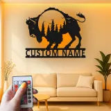 Insegna in metallo personalizzata con silhouette di bisonte retroilluminata LED regalo per amanti della fauna selvatica decorazione rustica per la casa