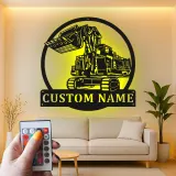 Panneau métallique personnalisé d’excavatrice | Décoration murale LED rétroéclairée | Cadeau pour ouvrier du bâtiment | Déco d’engin de chantier pour chambre de garçon