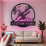 Cartel de metal LED con trompeta y notas musicales personalizado, regalo para músicos, decoración para estudio o sala de música