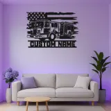 Enseigne personnalisée pour pompier en métal avec LED | Décoration murale personnalisée de camion de pompiers | Cadeau pour pompier pour déco de caserne