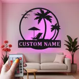 Custom Beach Scene Led Light Metal Wall Art Personalized Tropical Gift for Couples Bedroom or Patio Decor