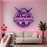Highland Cow Metal Sign with LED | Personalized Farmhouse Wall Art | Custom Rustic Ranch Decor & Family Name Gift