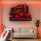 Personalized Trucker Sign with LED | Custom Semi Truck Metal Wall Art | Big Rig Decor for Man Cave, Garage | Gift for Husband