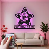 Cartel Personalizado de Hibisco y Estrella de Mar | Arte de Metal de Pared Personalizado con LED | Decoración de Casa de Playa Costera y Carteles para Salones
