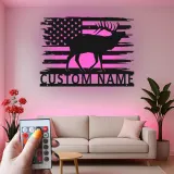 Décoration murale en métal LED élan drapeau américain personnalisée Cadeau pour chasseurs Décor de chalet rustique