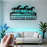 Running Horses Metal Wall Art | Custom LED Name Sign | Personalized Farmhouse & Ranch Decor for Horse Lovers