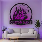 Insegna in metallo personalizzata con scena del bosco e orso retroilluminata, regalo di fauna selvatica per decorare la cabina rustica