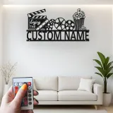 Panneau de Cinéma Personnalisé | Art mural en métal LED de Cinéma Personnalisé | Décor de Salle de Cinéma Familiale | Panneau Lumineux Bobine de Film & Popcorn
