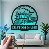 Décoration murale en métal personnalisée de train à vapeur avec rétroéclairage LED - Cadeau pour passionnés de trains, décoration pour man cave ou bureau