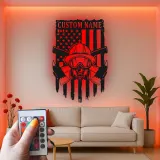 Personalized Firefighter LED Sign | Custom Fireman Metal Wall Art | Patriotic American Flag Decor for Home & Fire Station