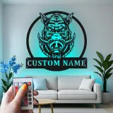 Cartel de metal personalizado con luz LED de jabalí, regalo personalizado para cazadores, decoración rústica de cueva de hombres