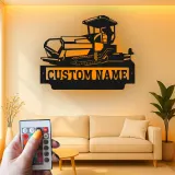 Décoration murale en métal personnalisée avec bulldozer rétroéclairé - Cadeau personnalisé pour passionné de construction - Décor de garage ou de bureau