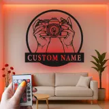 Fotograf LED-Schild | Individuelle Metall-Wandkunst für Studio-Dekor | Personalisierte Vintage-Kamera-Geschenk