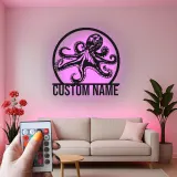 Décoration murale LED en métal pieuvre personnalisée | Plaque avec nom sur mesure | Déco nautique pour bureau et maison côtière | Cadeau pour amoureux de l’océan