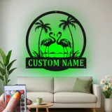 Cartel de metal LED de flamenco | Cartel tropical personalizado | Decoración de casa de playa y salón a medida | Luz de palmera costera
