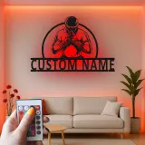 Décoration murale en métal personnalisée avec éclairage LED de combattant Muay Thai - Cadeau pour artistes martiaux, décoration de gym ou de maison