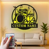 Décoration murale en métal LED personnalisée pour batteur - Cadeau musicien - Décor de salle de musique