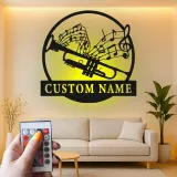 Décoration murale en métal personnalisée avec rétroéclairage LED - Cadeau pour musiciens - Décor de salle de musique avec notes de musique et trompette