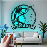 Décoration murale en métal Marlin Fish avec LED | Cadeau personnalisé pour pêcheur | Décor nautique pour man cave | Enseigne de pêche sportive