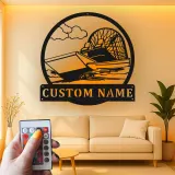 Décoration murale en métal LED personnalisée en forme d'airboat - Cadeau pour les passionnés de navigation - Décor nautique pour man cave