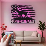 Panneau en métal de moose personnalisé | Art mural lumineux du drapeau américain | Décor de chalet rustique | Cadeau personnalisé pour chasseur