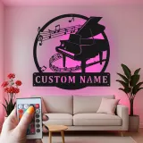 Cartel LED de piano personalizado | Arte mural de metal para músicos | Decoración de nombre personalizada para estudio | Luz de silueta de piano de cola