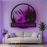 Custom Deer Mountain Scene Led Light Metal Wall Art Personalized Nature Lover Gift Cabin Decor
