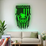 Cartel de Metal LED Personalizado con Calavera y Armas | Arte Mural Patriótico de la Bandera Americana | Regalo Personalizado para Veteranos Militares para Cueva de Hombre o Garaje