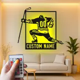 Arte metálico personalizado de jugador de hockey | Cartel LED con nombre a medida para sala de juegos | Regalo para deportista | Decoración para cueva masculina