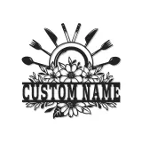 Plaque de cuisine personnalisée | Décoration murale en métal LED avec fleurs | Décor sur mesure avec ustensiles de chef | Cadeau pour maman pour restaurant et maison