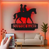 Custom Cowboy Couple on Horse Led Light Metal Wall Art Western Gift for Couples Ranch Home Decor