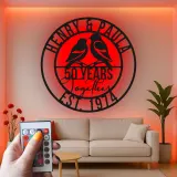 Regalo Personalizzato per il 50° Anniversario | Arte Murale in Metallo LED con Uccelli Amore | Insegna Personalizzata per Coppie per Decorazione Romantica
