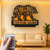 Arte mural de oso mamá | Cartel LED personalizado para cabaña de mamá | Decoración rústica de vida salvaje floral