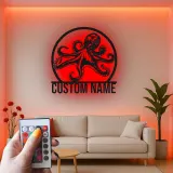 Décoration murale LED en métal pieuvre personnalisée | Plaque avec nom sur mesure | Déco nautique pour bureau et maison côtière | Cadeau pour amoureux de l’océan