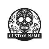 Personalisierte Zuckerschädel-LED-Leuchtschild | Individuelle Metall-Wandkunst für Gothic- & Día de los Muertos-Dekor | Florale Calavera-Namensplakette