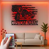 Custom Motorcycle Metal Sign | LED American Flag Wall Art | Personalized Biker Name Plate | Garage Decor for Men