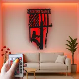 Custom Lineman Metal Sign | Personalized American Flag LED Art | Patriotic Electrician Gift | Utility Worker Wall Decor