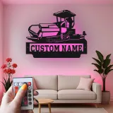 Décoration murale en métal personnalisée avec bulldozer rétroéclairé - Cadeau personnalisé pour passionné de construction - Décor de garage ou de bureau