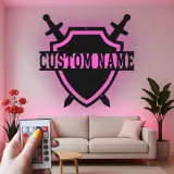 Insegna Scudo Medievale Personalizzata | Arte in Metallo LED Personalizzata | Decorazione per Cavalieri per Sala Giochi e Regalo per Appassionati di Fantasia