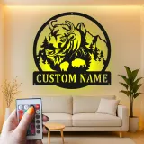 Cartel de metal LED personalizado de Bisonte y Montaña, regalo para amantes de la naturaleza, decoración rústica de cabaña