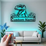 Custom T-Rex Led Light Metal Wall Art Personalized Dinosaur Gift for Kids Unique Bedroom Decor
