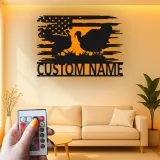 Décoration murale en métal personnalisée avec LED en forme de dinde et drapeau américain - Cadeau de ferme rustique